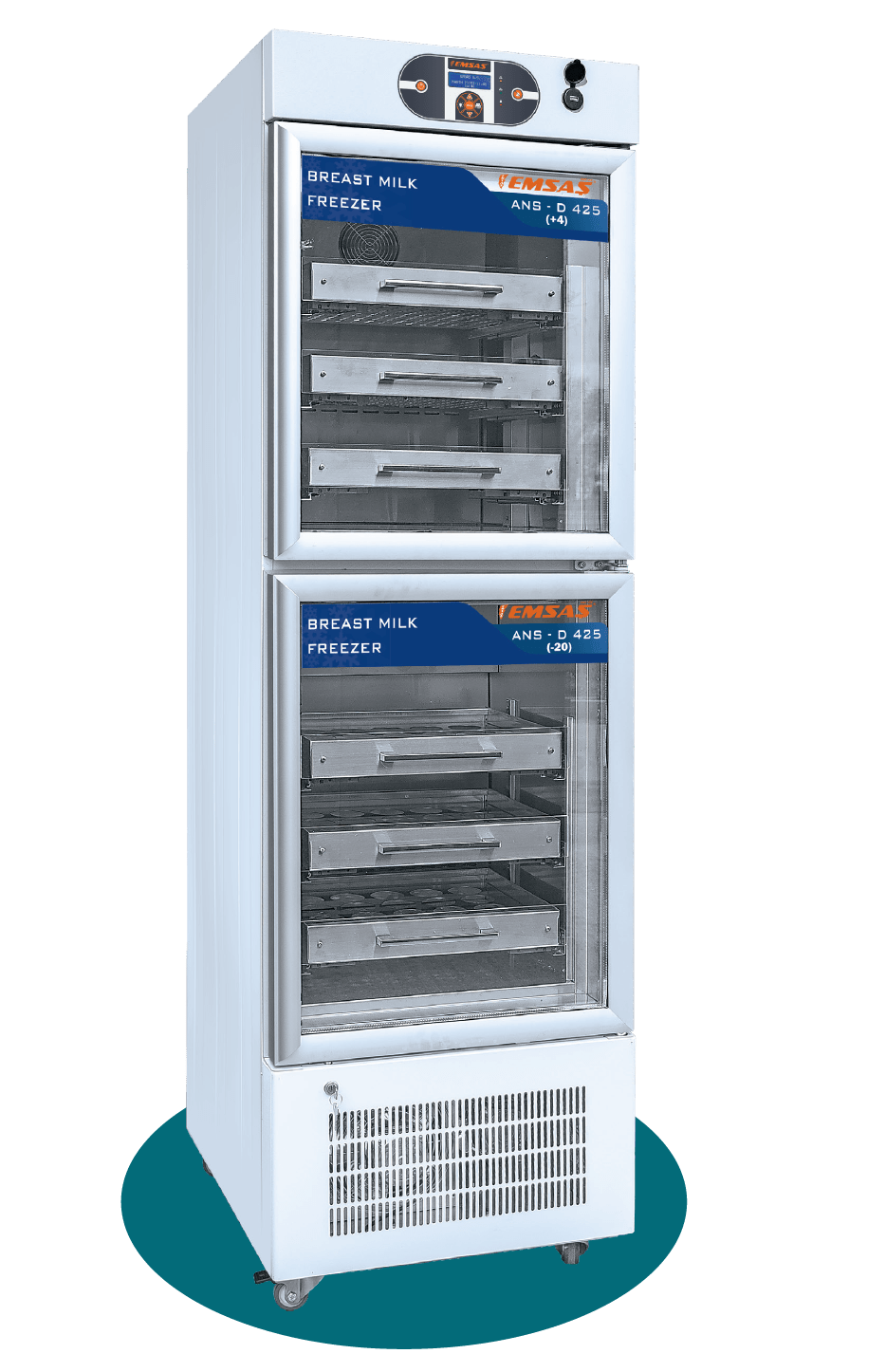 ANS-D 425 Yeni doğan üniteleri ve kadın doğum servisleri için özel olarak tasarlanmış süt bankası. Hem ısıtma hem de soğutma özellikleri sunan model (üst: 2-8°C, alt: -5°C ile -25°C), anne sütünün besin değerini koruyarak güvenli muhafaza ve saklama imkanı sağlar.(ultra low temperature freezer, Anne sütü saklama dolabı) produits pour nouveau-nés